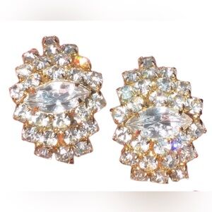 Vintage Style Rhinestone Cluster Earrings Gold Tone Marquise Statement Bridal